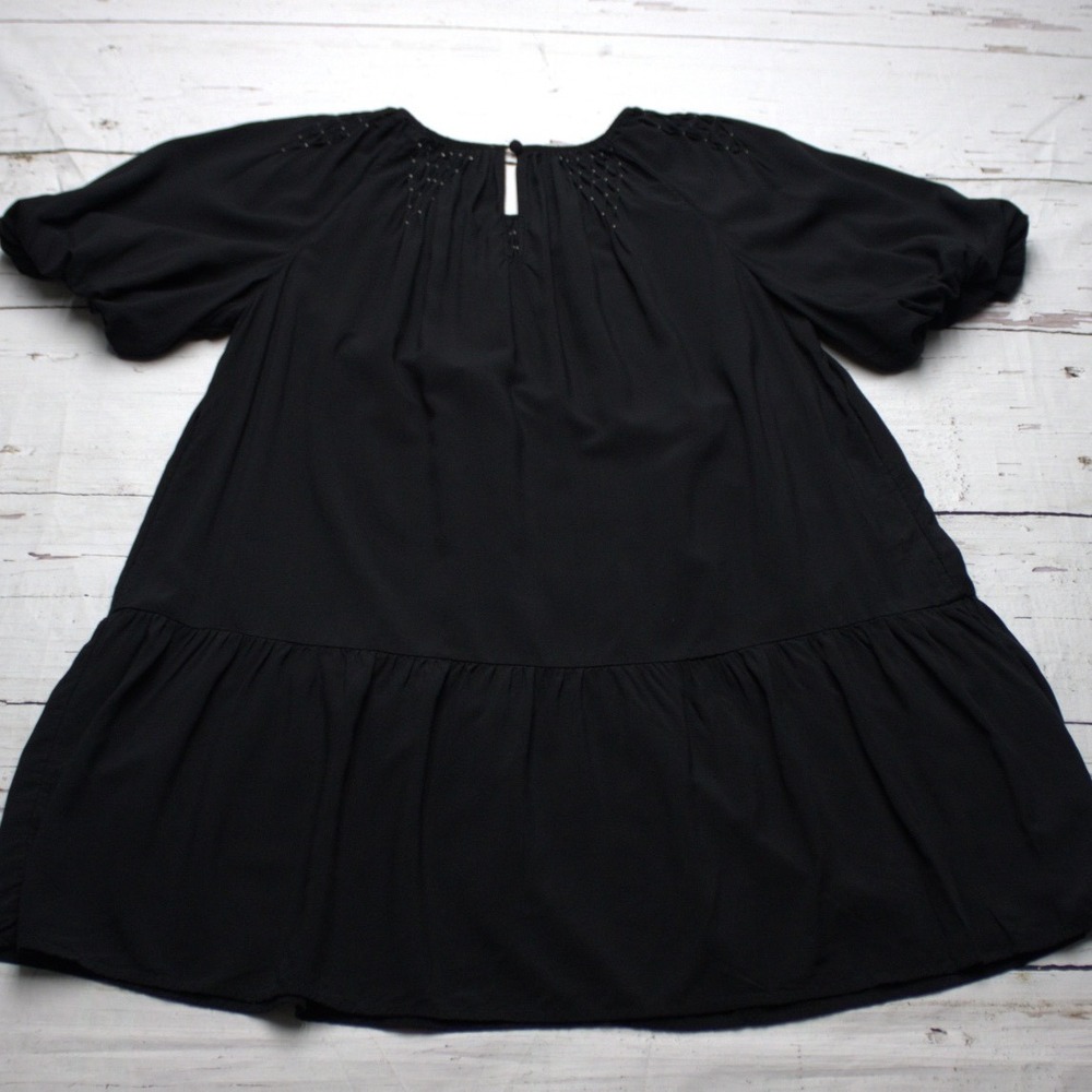 LOFT Black‎ Beaded Neckline Puff Sleeve Babydoll Mini Dress Size M